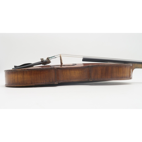 544 - A two-piece back violin, approx. 34.7cm; housed in a faux-crocodile skin fitted case, with two bows,... 