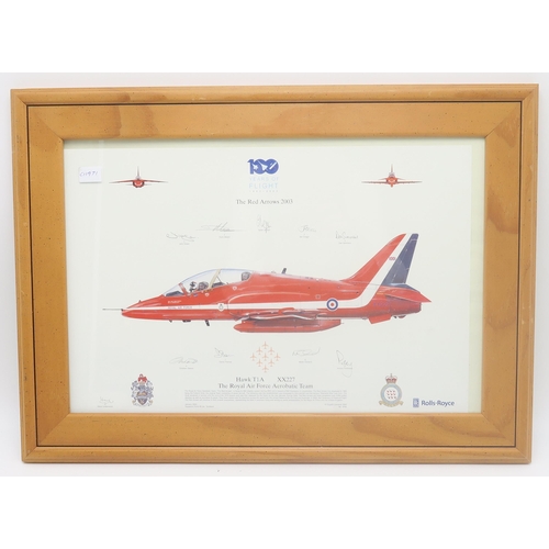 546 - The RAF Red Arrows - three various prints, all bearing pilots' signatures, one framed under glass an... 