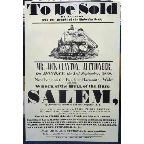 559 - Three reproduction metal advertisements, each measuring approx. 92cm x 61cm; one for the sale of the... 