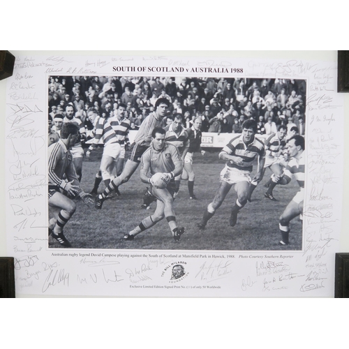 567 - An unmounted print of South of Scotland v Australia 1988 rugby union match, bearing pencil signature... 