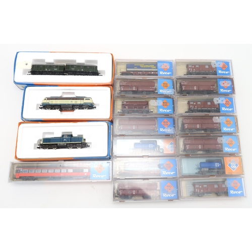 572 - A collection of boxed Roco N-gauge model railway locomotives and stock; to include 23221 BR 215, 232... 