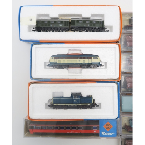 572 - A collection of boxed Roco N-gauge model railway locomotives and stock; to include 23221 BR 215, 232... 