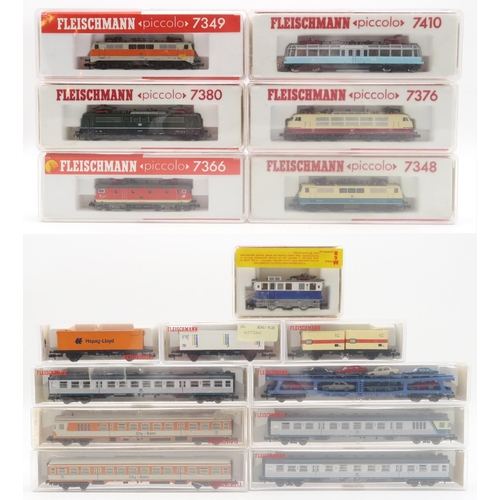 574 - A collection of boxed Fleischmann <piccolo> N-gauge model railway locomotives and stock; to in... 