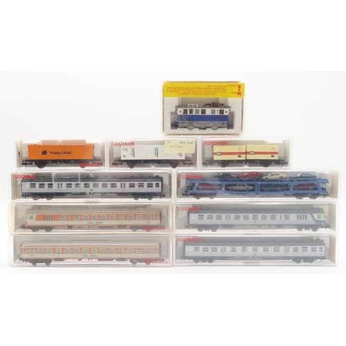 574 - A collection of boxed Fleischmann <piccolo> N-gauge model railway locomotives and stock; to in... 