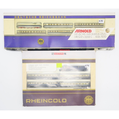 576 - Boxed Arnold N-gauge model railway 0143 Rheingold and 0166 Henschel-Wegmann-Zug Dresden-Berlin 1936-... 