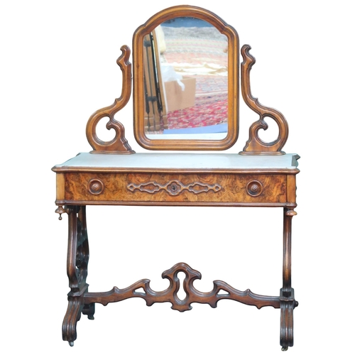 1 - A 19th century burr walnut veneered mirror backed dressing table with adjustable mirror over marble ... 