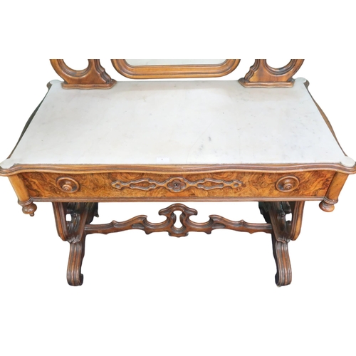 1 - A 19th century burr walnut veneered mirror backed dressing table with adjustable mirror over marble ... 