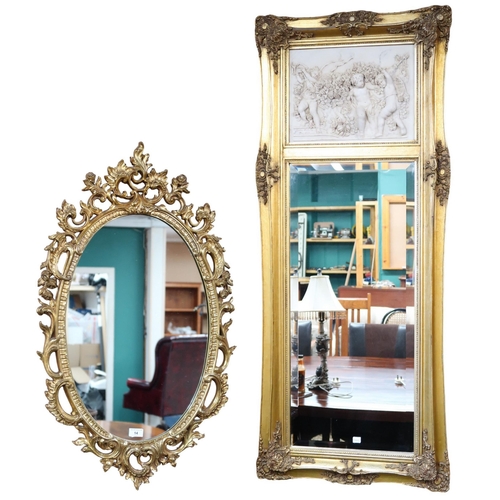 14 - A lot comprising a Georgian style gilt framed wall mirror with stoneware cherubim relief over bevell... 