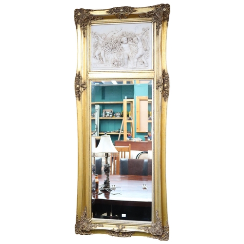 14 - A lot comprising a Georgian style gilt framed wall mirror with stoneware cherubim relief over bevell... 