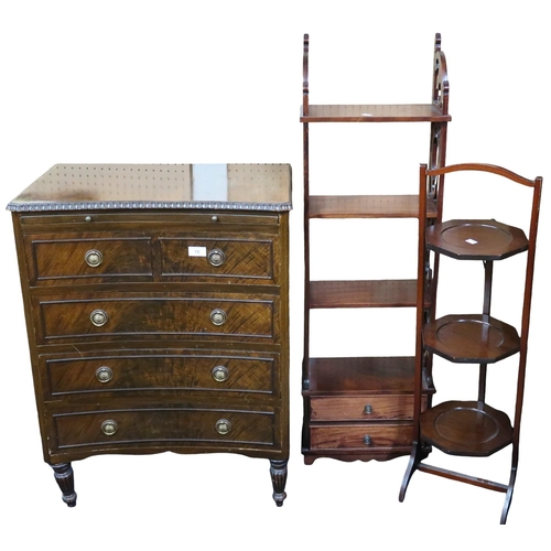 15 - A lot comprising a 20th century two over three chest with concave front on turned supports, 81cm hig... 