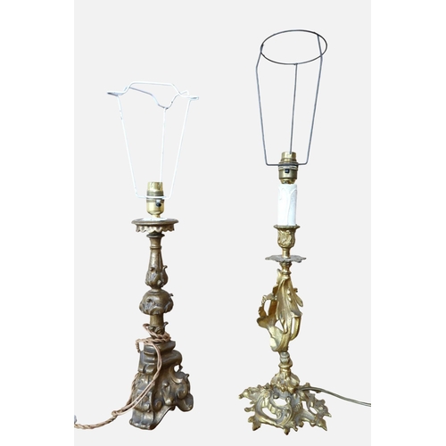 16 - A lot comprising a 19th century gilt brass table lamp, 43cm high and another gilt table lamp, 37cm h... 