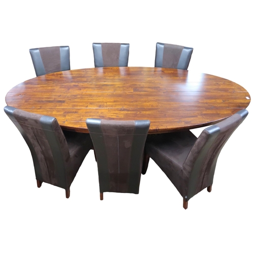 22 - A contemporary hardwood dining suite consisting large oval twin pedestal dining table, 77cm high x 2... 