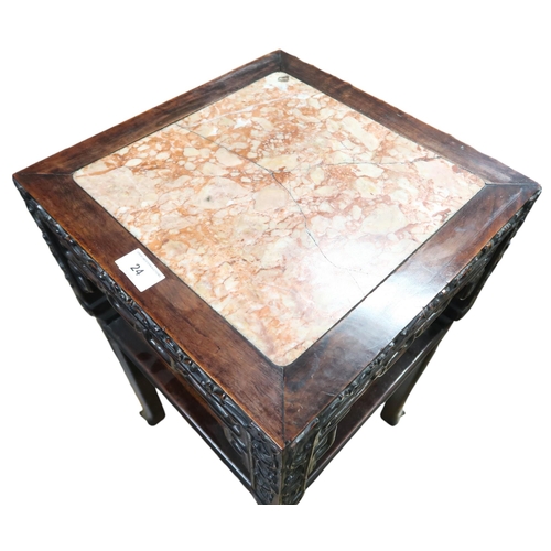 24 - A 19th century Chinese hardwood marble topped jardiniere stand with square marble inset top over car... 