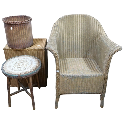 29 - A lot comprising an assortment of Lloyd loom style furniture items to include armchair, circular top... 