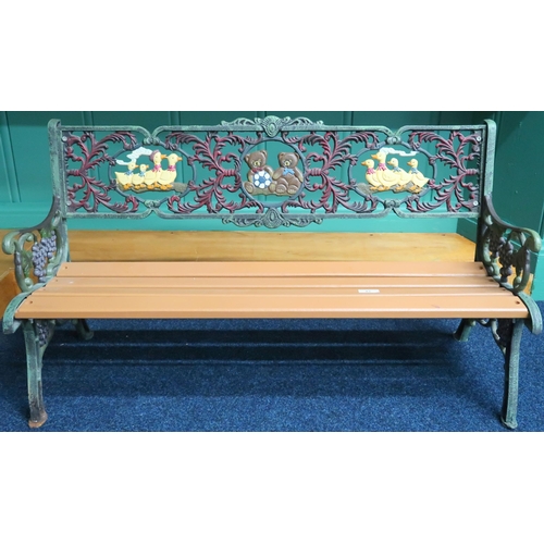 42 - A 20th century child's cast metal framed garden bench decorated with teddy bears, ducks and grapes o... 