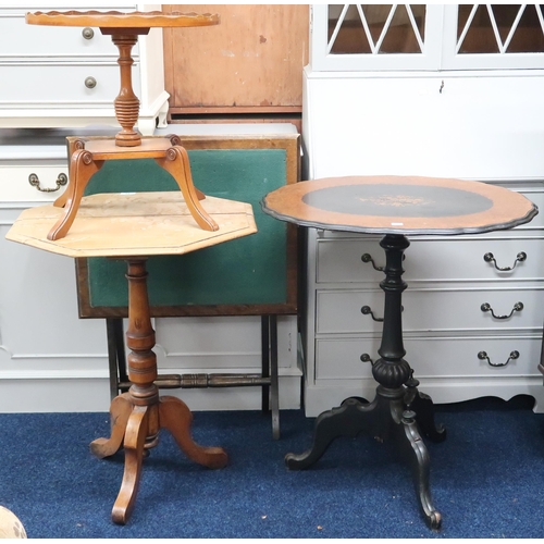 54 - A lot comprising a Victorian mahogany and walnut veneered table on tripod base, octagonal topped occ... 