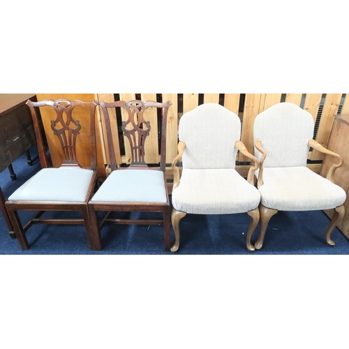 56 - A lot comprising a pair of early 20th century cream wool upholstered armchairs on cabriole supports ... 