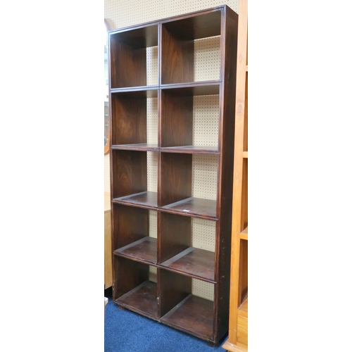 74 - A contemporary mangowood open bookcase with five pairs of open shelves on square feet, 185cm high x ... 