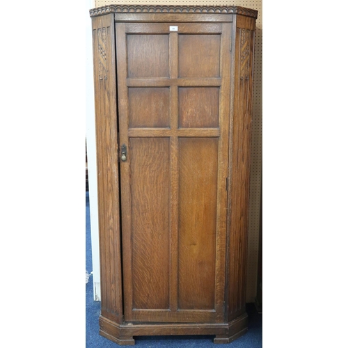 80 - An early 20th century oak hall robe with single panelled door on stepped feet, 178cm high x 85cm wid... 