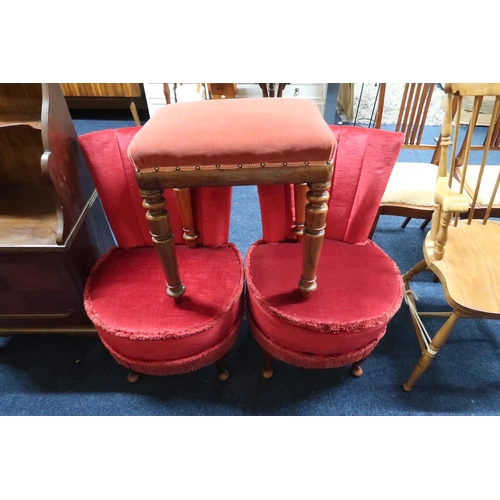 98 - A 20th century mahogany side cabinet with single door, upholstered stool on turned supports, a pair ... 