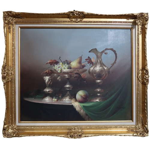 901 - AFTER JOSZEF MOLNAR (HUNGARIAN 1821-1899) STILL LIFE WITH FRUITS AND BRASSWARE Oil on canv... 