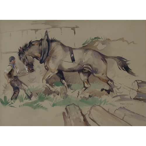 906 - RALSTON GUDGEON RSW (SCOTTISH 1910-1984) HORSE PLOUGHING Watercolour, signed lower right, 38 x 52cm... 