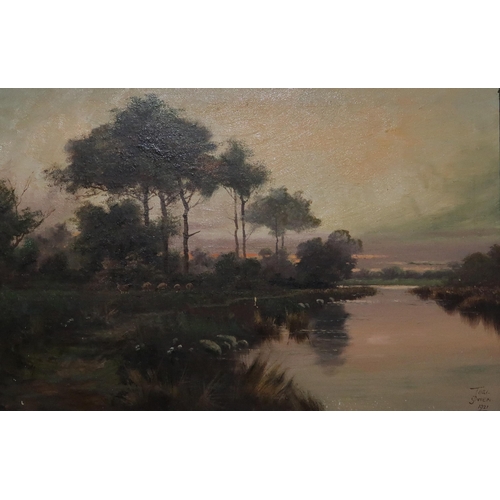 911 - JOEL OWEN (BRITISH 20th CENTURY) SHEEP GRAZIN BY THE RIVER Oil on panel, signed lower righ... 