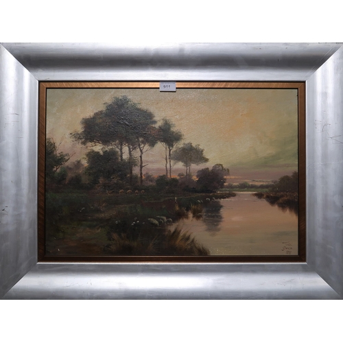 911 - JOEL OWEN (BRITISH 20th CENTURY) SHEEP GRAZIN BY THE RIVER Oil on panel, signed lower righ... 