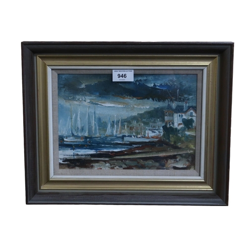 946 - JAMES WATT (SCOTTISH 1931-2022) BUSY HARBOUR Oil on board, signed lower right, 18 x 25cm... 