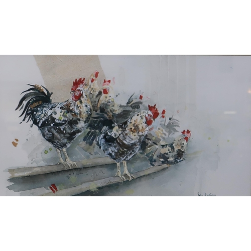 955 - VICKI HOPKINSON (20th CENTURY BRITISH) ROOSTERS Acrylic, signed lower right, 26 x 46cm&nbs... 