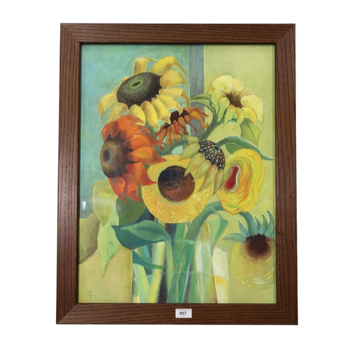 957 - CONTEMPORARY SCHOOL SUNFLOWERS Oil on board, 63 x 47.5cm