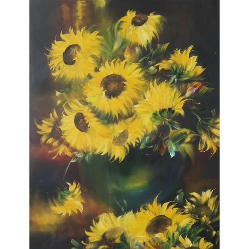 981 - A VARIUOUS LOT  To include an oil on board with sunflowers, a cherry blossom watercolour m... 