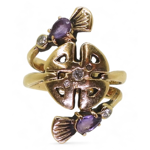 705 - A bespoke yellow metal ring, with a Scottish Thistle and knotwork design, set with diamonds and amet... 