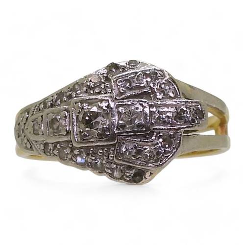 708 - A bright yellow metal ring, set with brilliant and eight cut diamonds,with an Art Deco design, finge... 