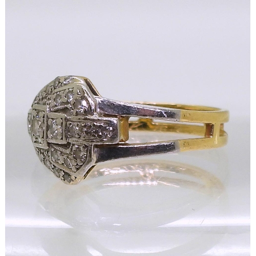 708 - A bright yellow metal ring, set with brilliant and eight cut diamonds,with an Art Deco design, finge... 