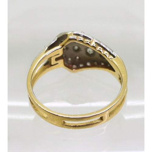 708 - A bright yellow metal ring, set with brilliant and eight cut diamonds,with an Art Deco design, finge... 