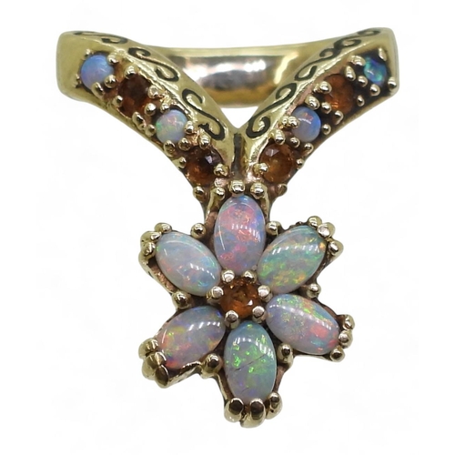 718 - A bespoke and unusual opal and citrine flower ring, finger size approx Q1/2, weight 12.5gms