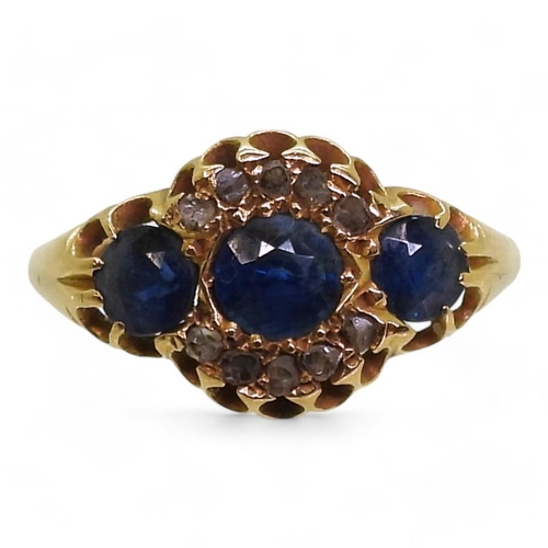 721 - A vintage sapphire and rose cut diamond cluster ring, hallmarked Chester 1907, size R, weight 3.5gms