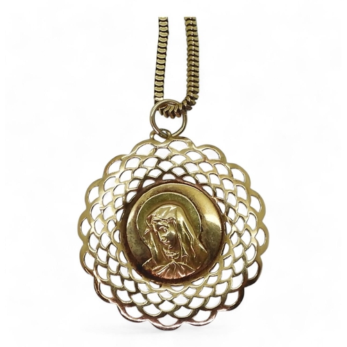 729 - A bright yellow metal, square section snake chain and Madonna pendant, weight together 17.9gms