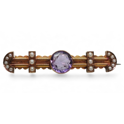 730 - A vintage bright yellow metal amethyst and pearl brooch, 15ct engraved to the back, weight 4.9gms