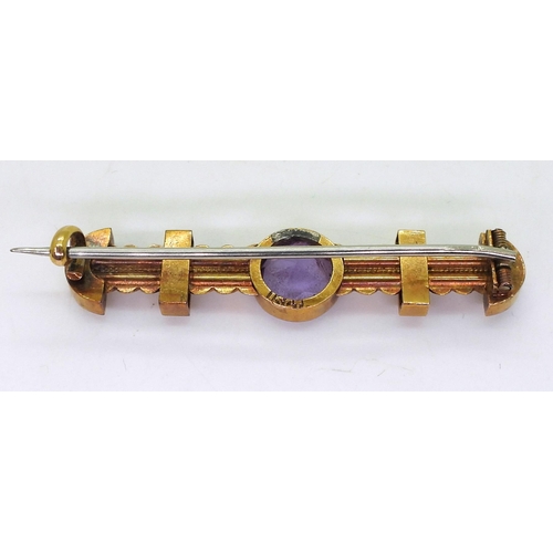 730 - A vintage bright yellow metal amethyst and pearl brooch, 15ct engraved to the back, weight 4.9gms