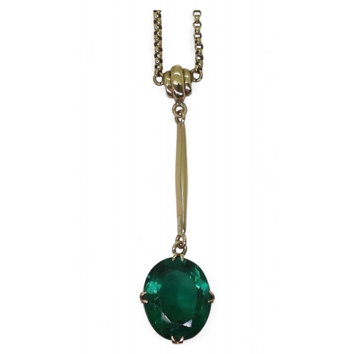 742 - A 9ct gold pendant necklace, set with a green glass gem, length of chain40cm, weight 6.7gms