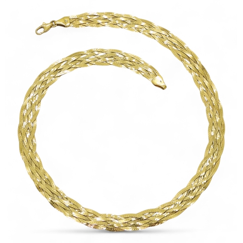 743 - A 9ct gold plaited ribbon chain, length 40cm, width approx 1cm, weight 13.6gms