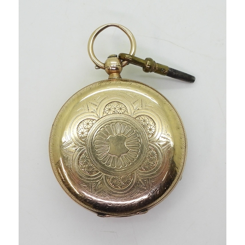 750 - A 9ct gold open face pocket watch with a decorative dial, diameter 5cm. Hallmarked Chester 1915, bot... 