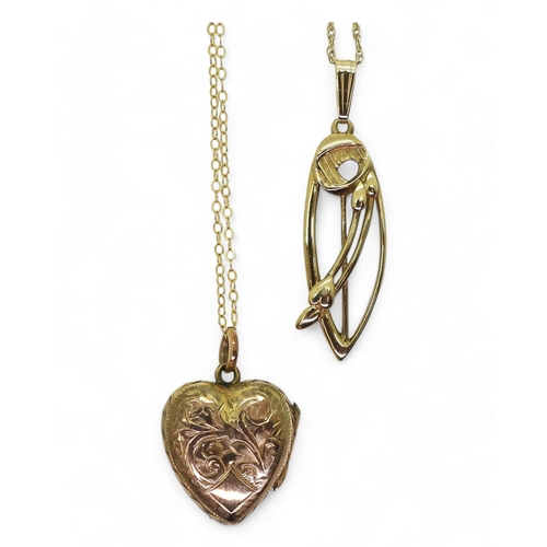 753 - A 9ct gold Mackintosh pendant and chain, together with a yellow metal heart locket on a 9ct gold cha... 