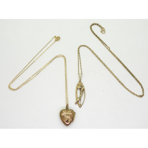 753 - A 9ct gold Mackintosh pendant and chain, together with a yellow metal heart locket on a 9ct gold cha... 