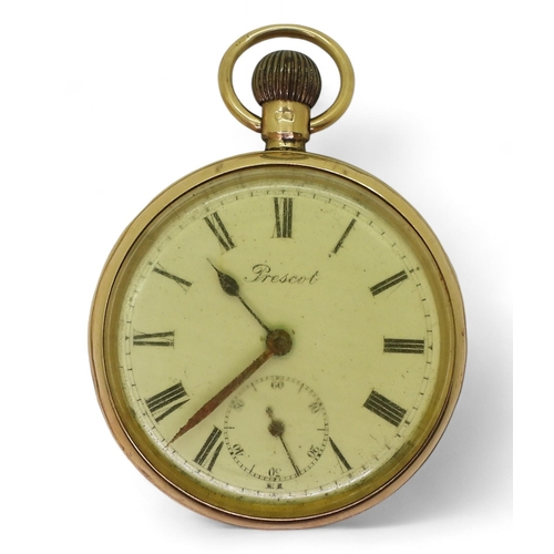 756 - An 18ct gold open face pocket watch the dial signed Prescot, diameter 5cm, weight 84.7gms