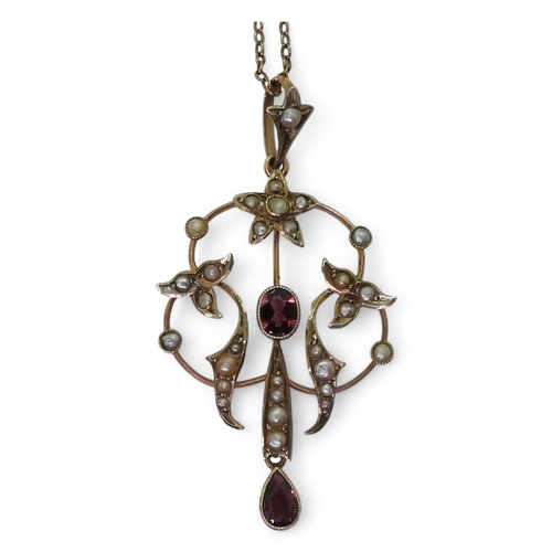 757 - A 9ct gold Edwardian garnet and pearl pendant on a 45cm9ct gold chain, weight together 4.6gms