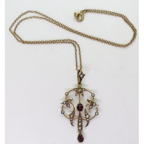 757 - A 9ct gold Edwardian garnet and pearl pendant on a 45cm9ct gold chain, weight together 4.6gms