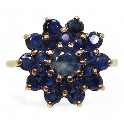 781 - A 9ct gold sapphire cluster ring, size N1/2, weight 4.1gms